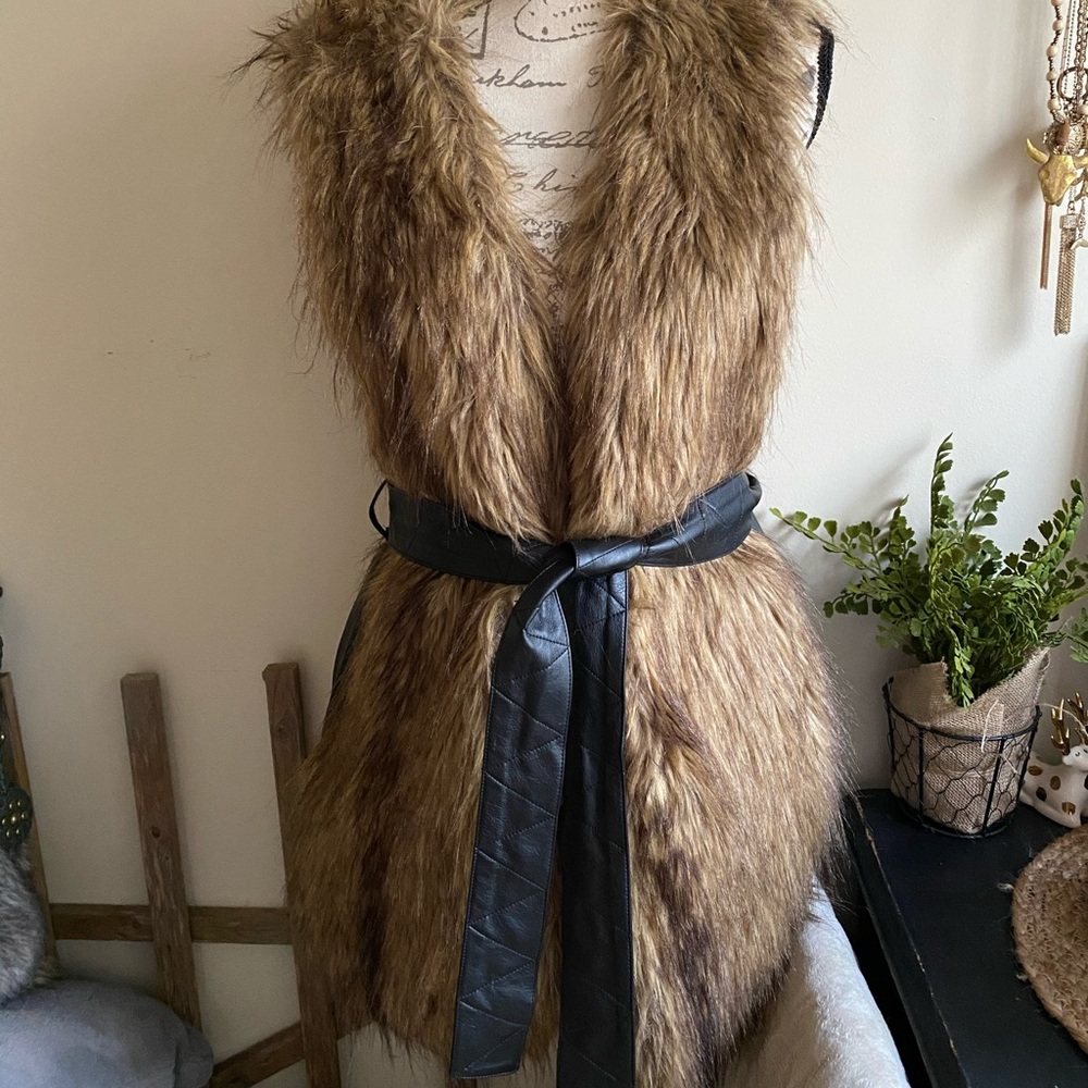 Faux fur vest with faux leather sides and belt